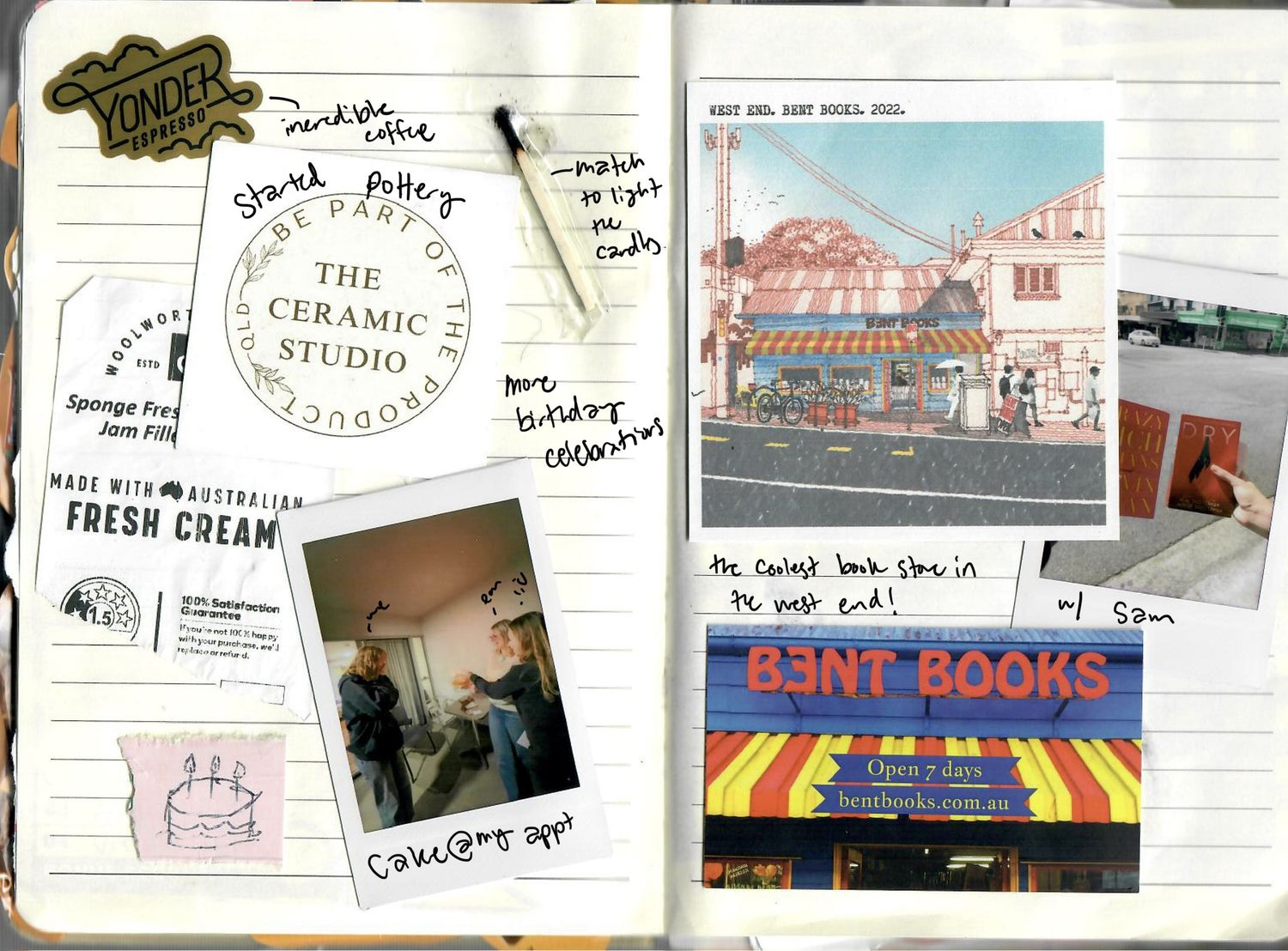 A collage of vintage-style storefronts and handwritten notes featuring book shops and ceramic signs.