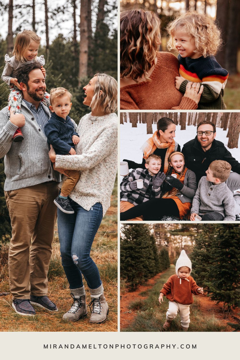 Collection of four photos of families in the Twin Cities highlighting what to wear for winter family pictures