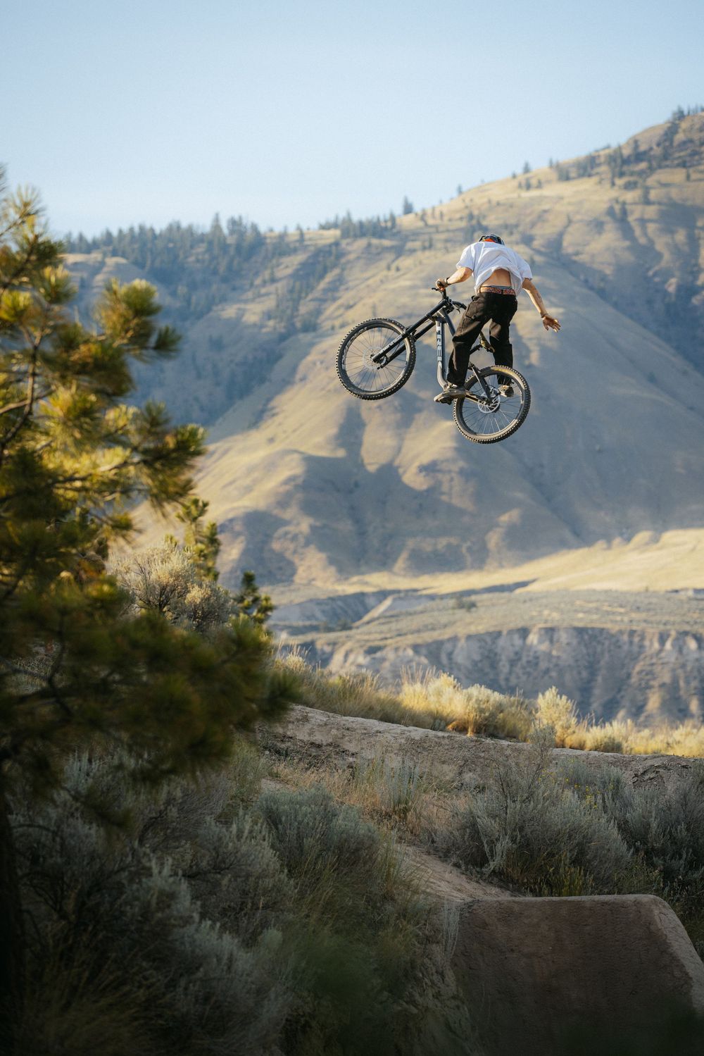 Mountain biker performs a dramatic aerial jump against a scenic mountain backdrop during sunset.
