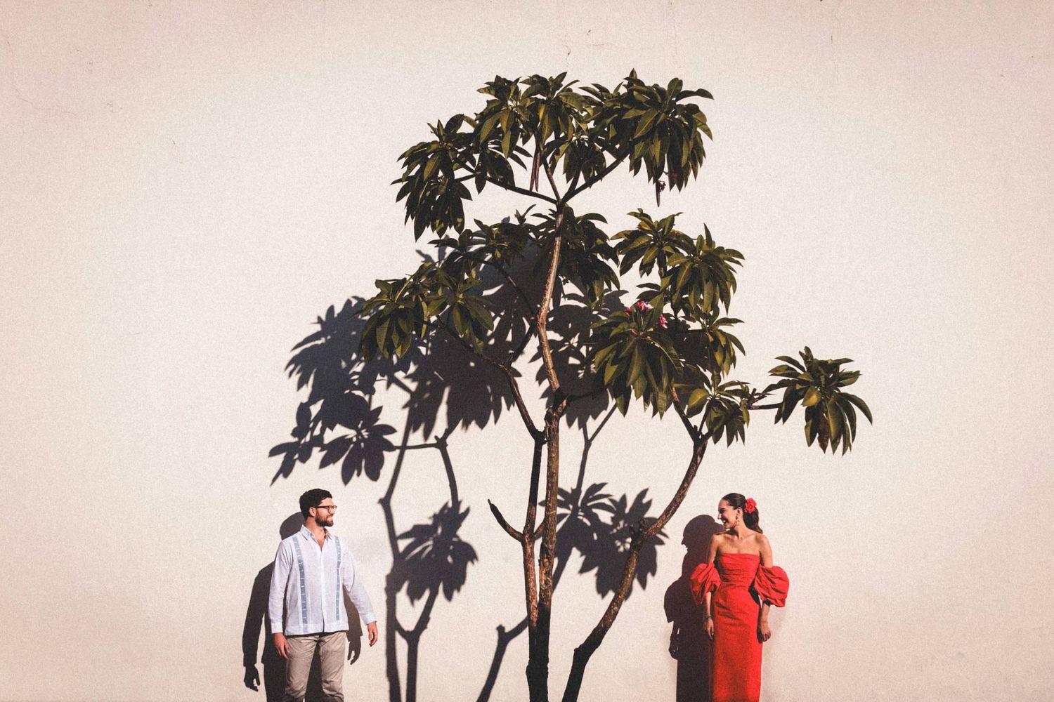 A couple embraces beneath silhouetted palm trees at sunset creating a romantic tropical scene.