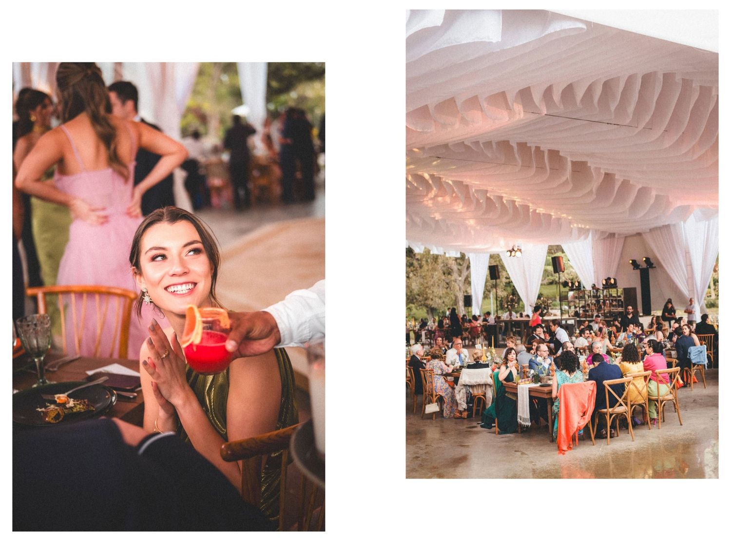 Wedding reception venue with elegant table settings and soft lighting under draped ceiling decorations.