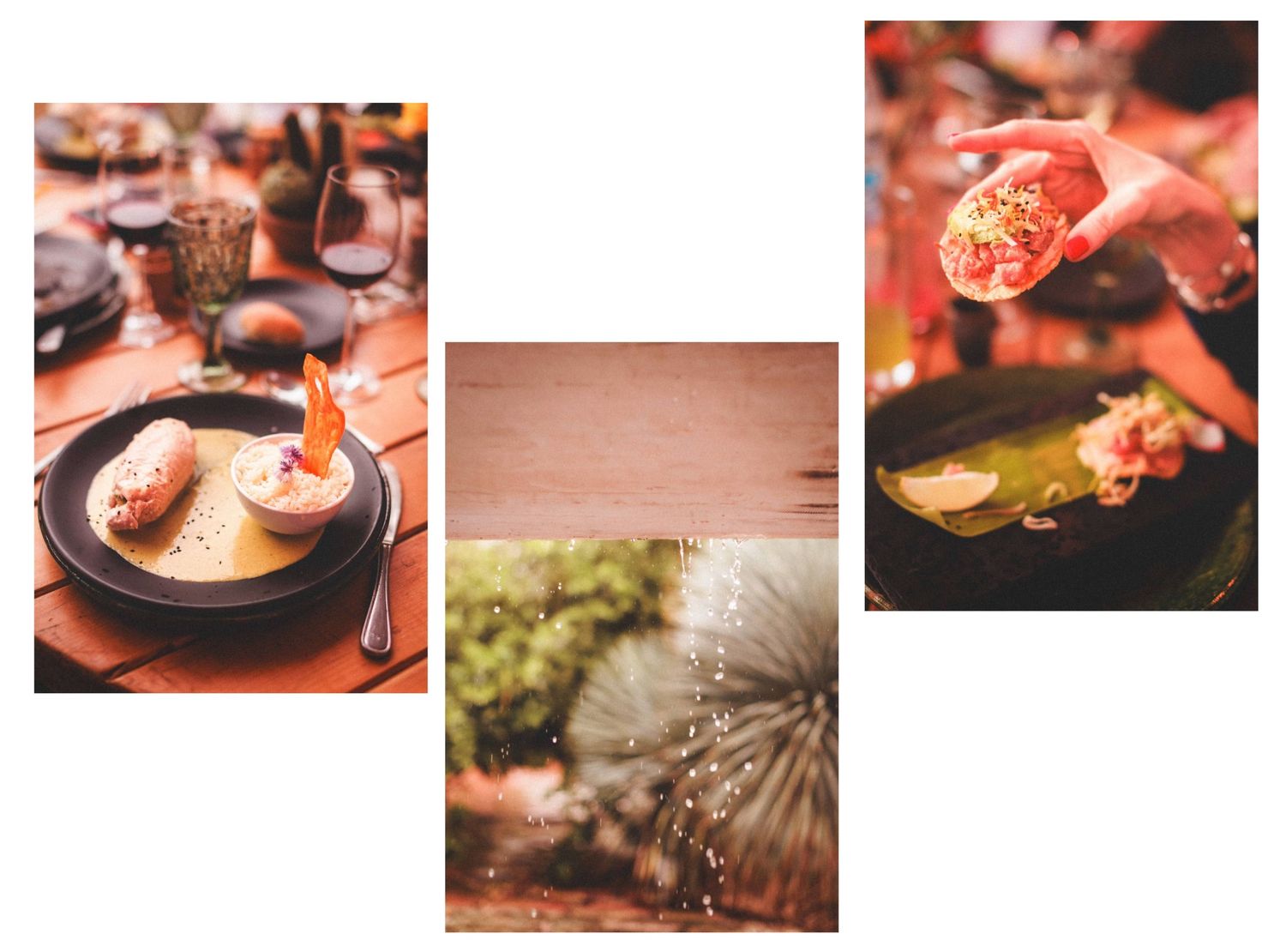 Overhead view of various colorful dishes and appetizers arranged on rustic wooden surfaces.