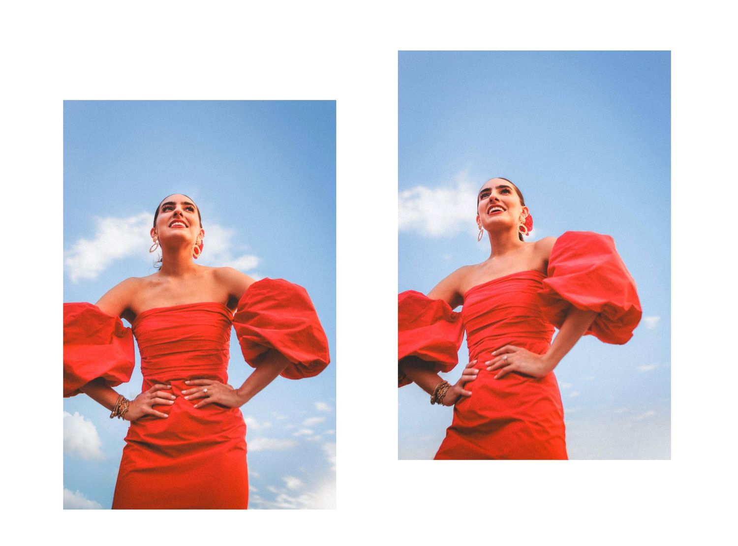 A person in a vibrant red dress poses confidently against a bright blue sky background.