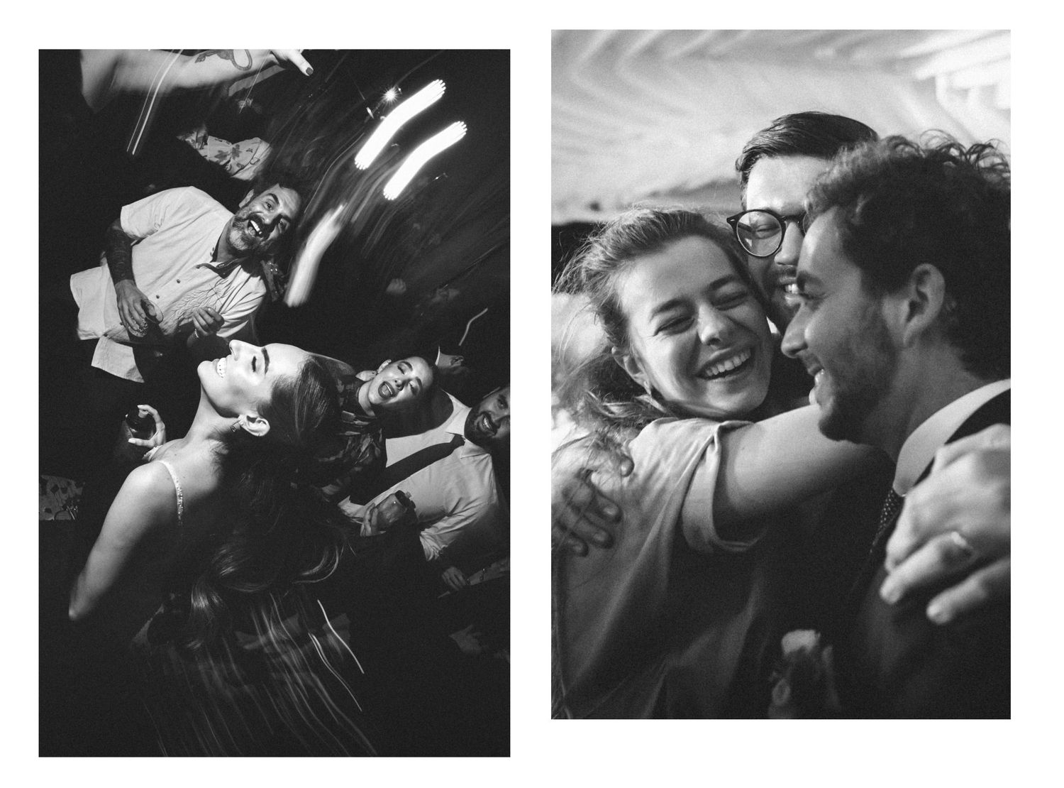 Black and white photographs showing an energetic crowd at a punk rock concert.