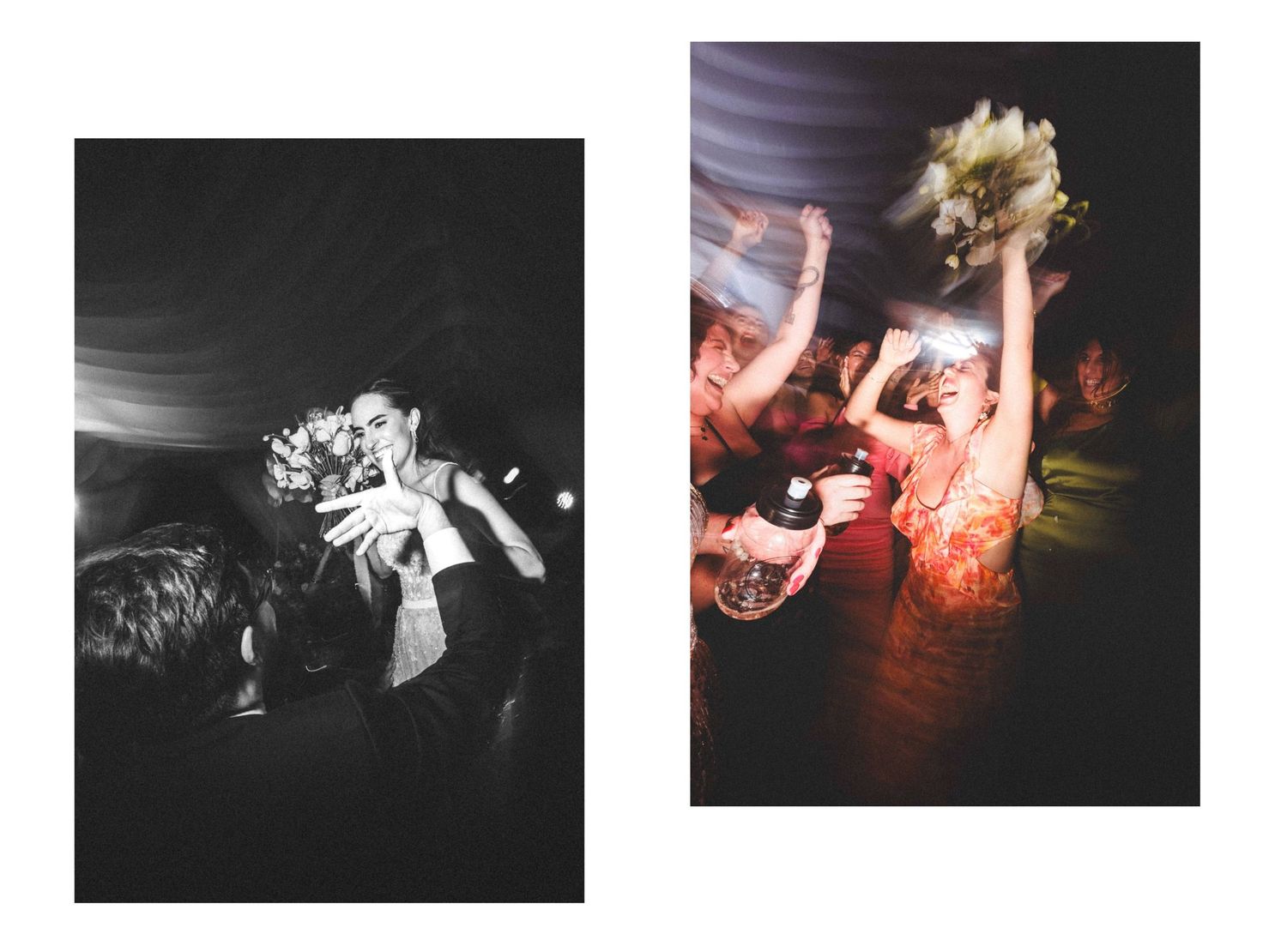 A bouquet toss moment captured at a wedding reception in black and white and color split-frame photography.