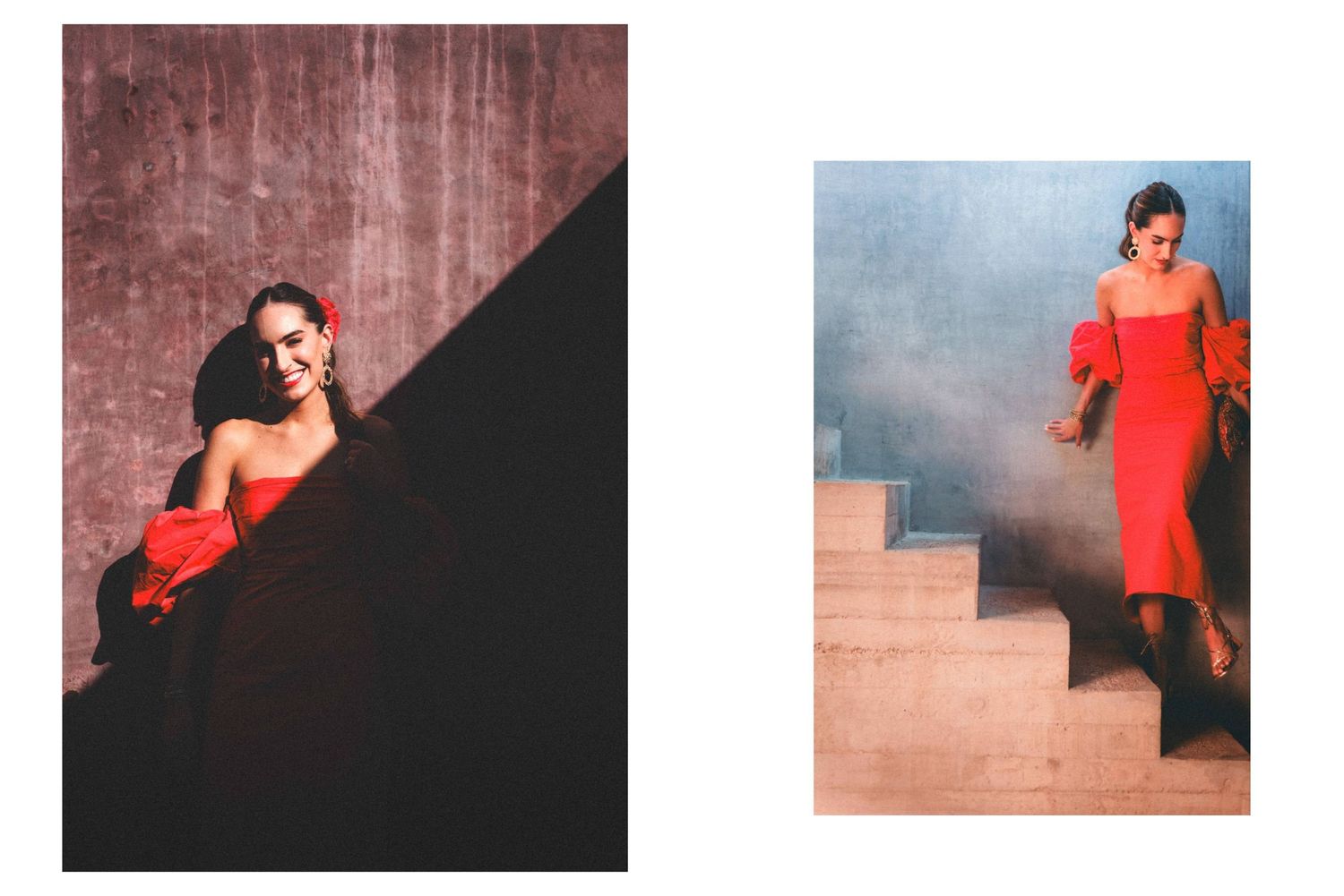 A figure in a flowing red dress performs an expressive dance movement against a textured wall backdrop.