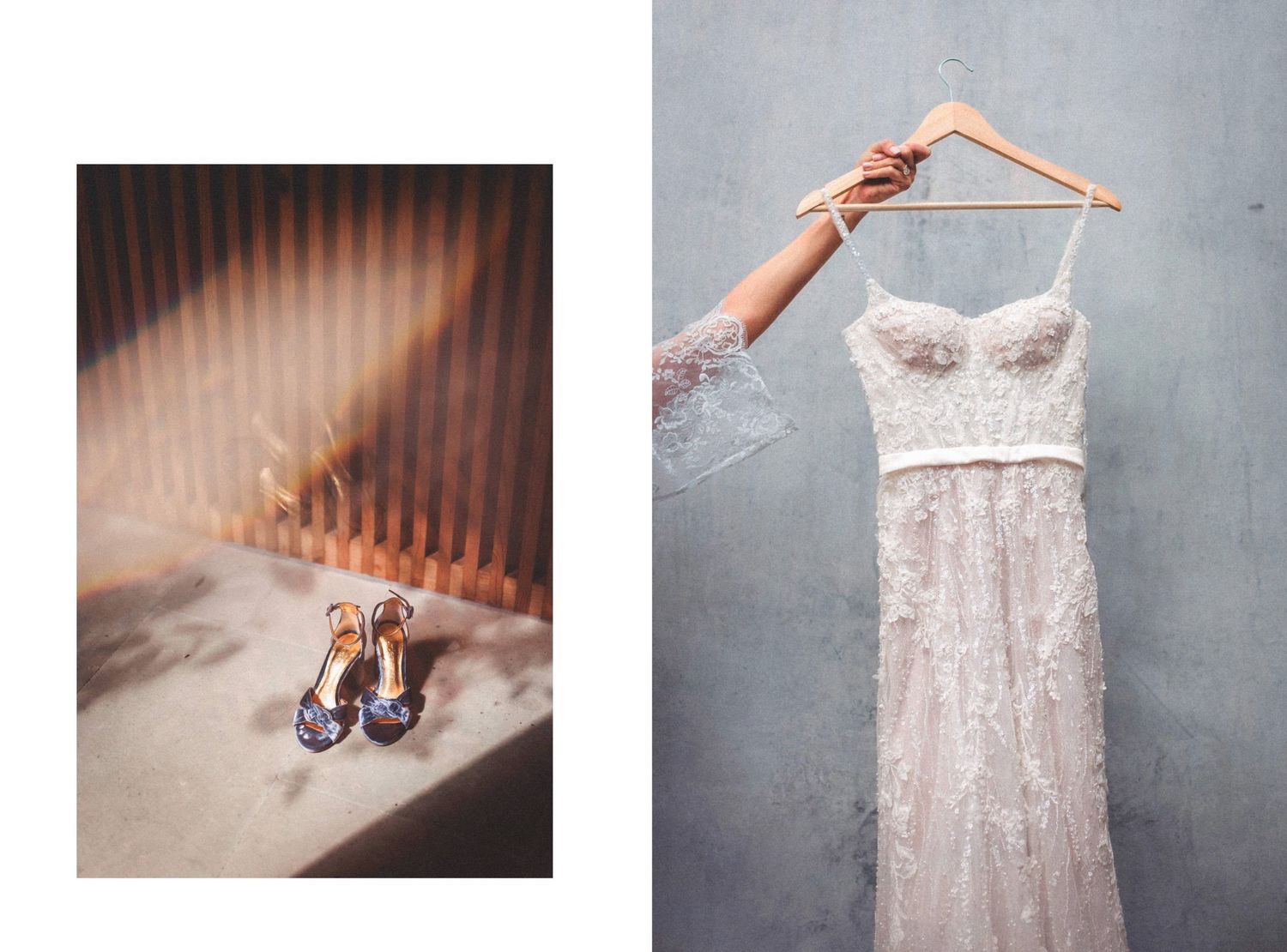 White lace wedding dress hanging against gray wall with matching shoes and accessories.