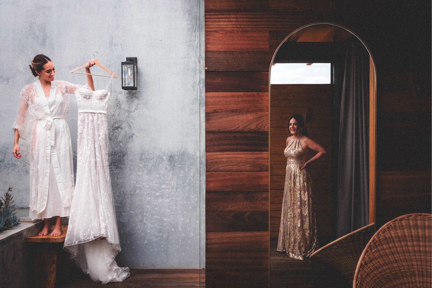 Elegant white wedding dress displayed against modern wood paneled wall with concrete accents.
