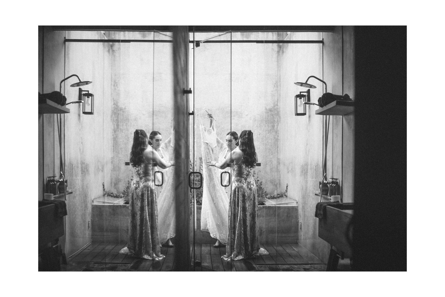 Multiple monochrome images showing figures standing near windows in an atmospheric interior space.