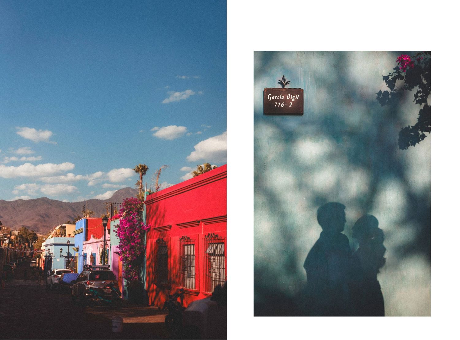 Artistic collage of urban scenes with buildings and sky views in moody tones and silhouettes.
