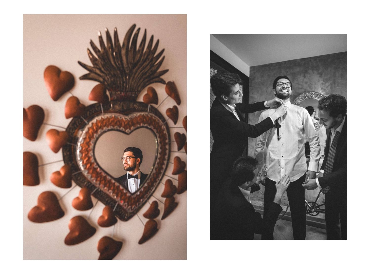 A collection of vintage black and white photographs arranged in a horizontal grid with a decorative heart frame.
