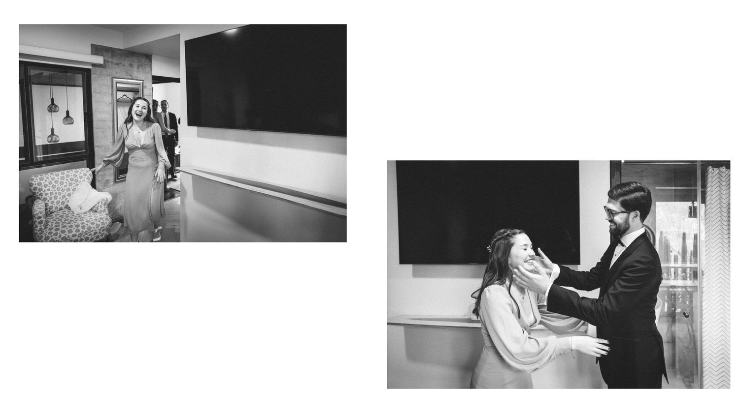 A collection of black and white photographs showing intimate wedding moments and romantic couple portraits.