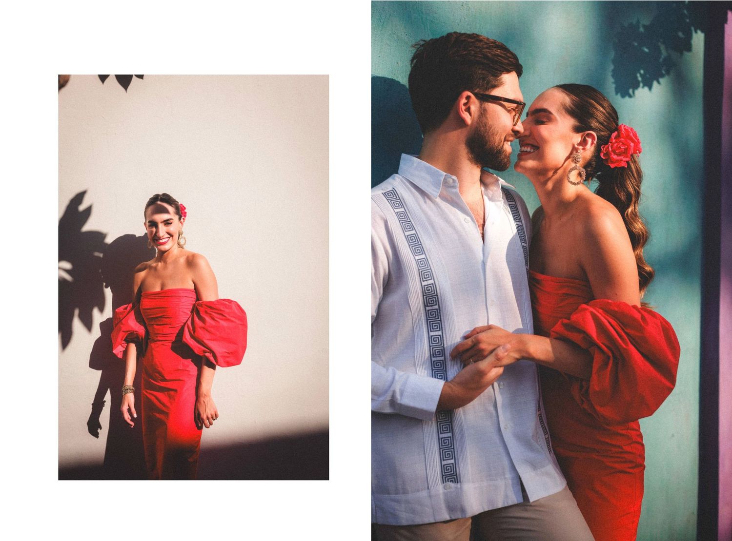 Romantic couple in red and white outfits share tender moments in a series of intimate photographs.