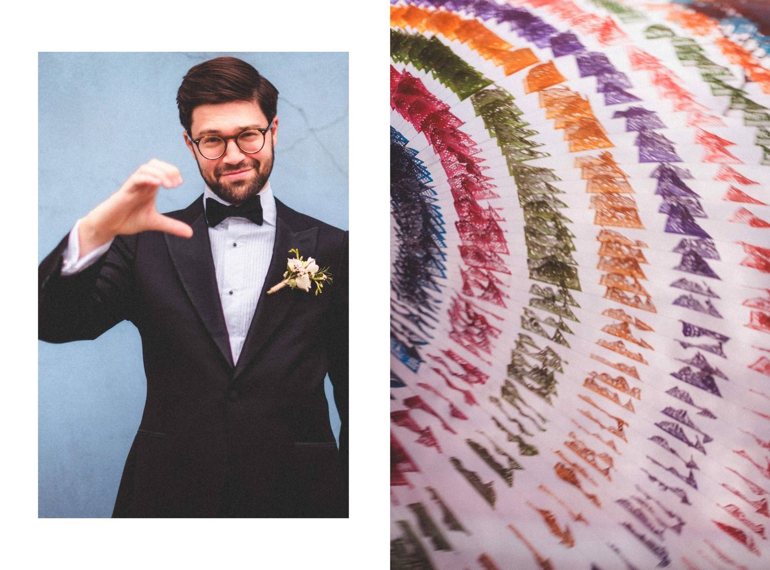 A formal black tuxedo with bowtie next to a colorful striped textile pattern with wavy brushstroke designs.