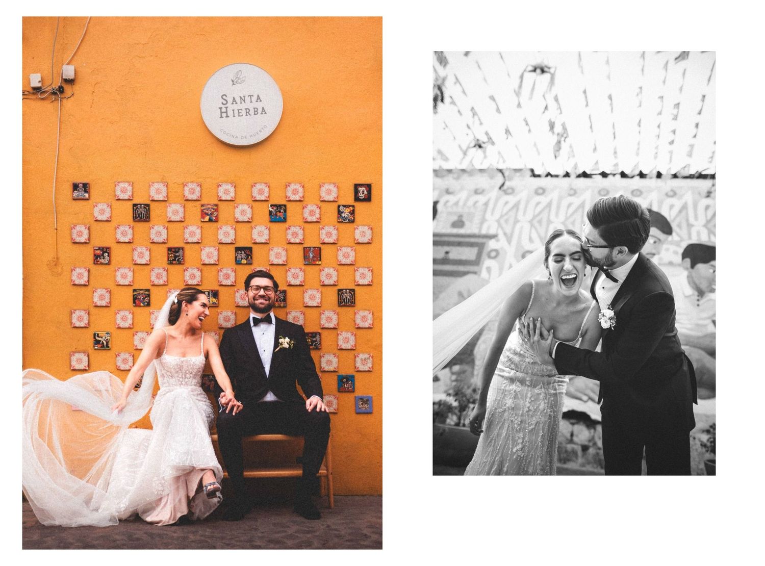 A couple shares an intimate moment against a vibrant orange backdrop during their wedding celebration.
