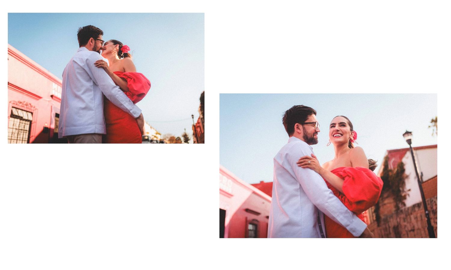 Joyful couple embracing outdoors on a sunny day.