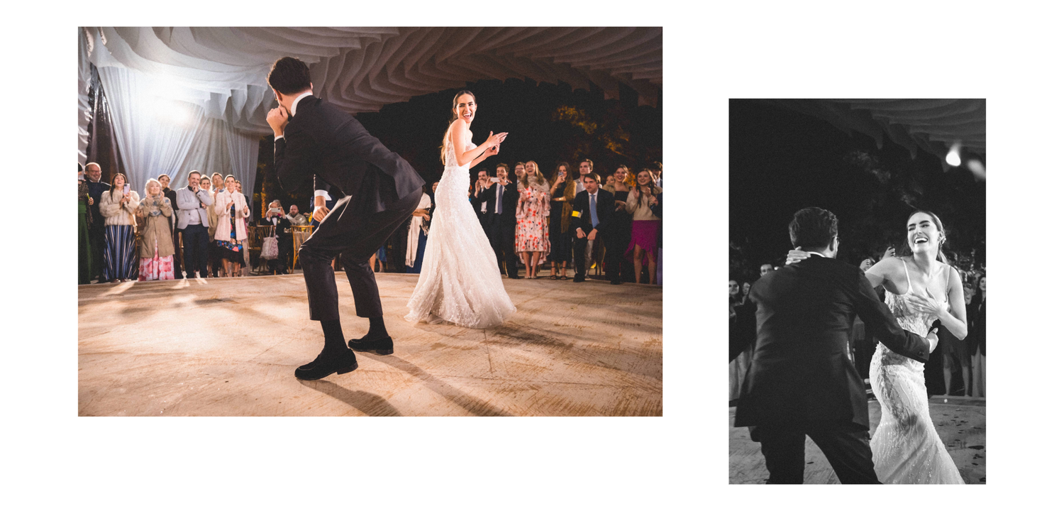 Wedding guests dance and celebrate on an illuminated dance floor during an evening reception celebration.