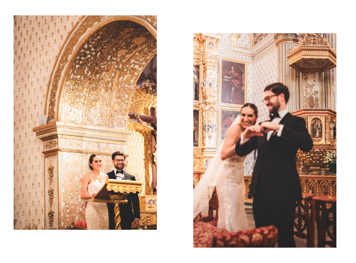Couple dancing and celebrating in an elegant ornate ballroom with golden decorative details.