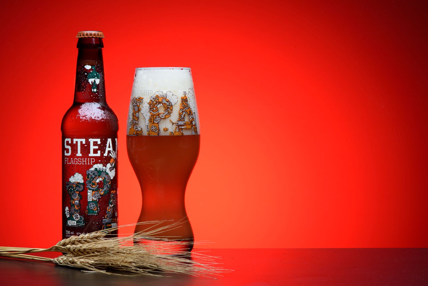 A bottle of Steam beer and filled glass on rustic wood against vibrant red background with wheat stalks.
