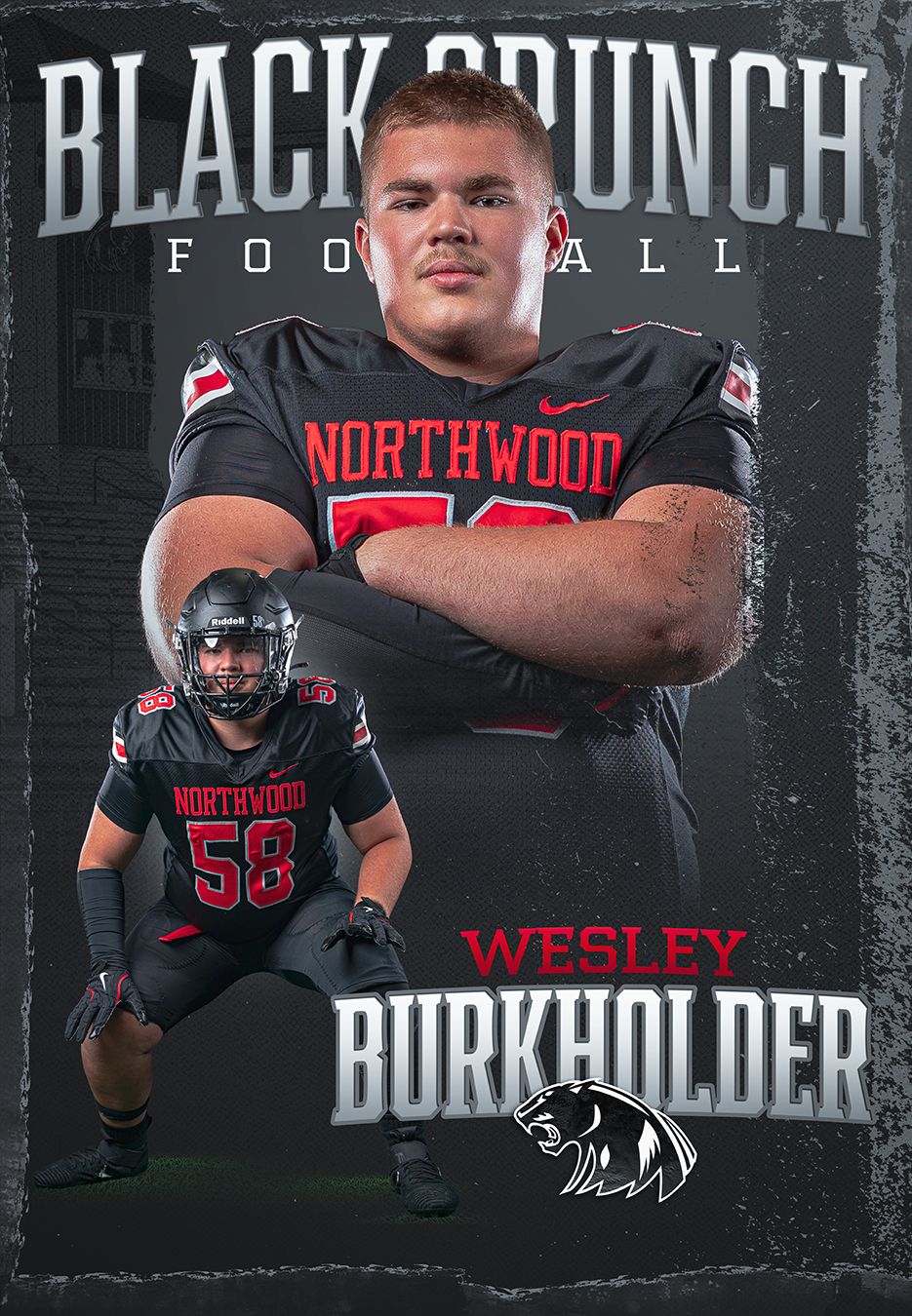 Wesley Burkholder Northwood football player #58 featured in Black Crunch Football promotional poster wearing red and black uniform.