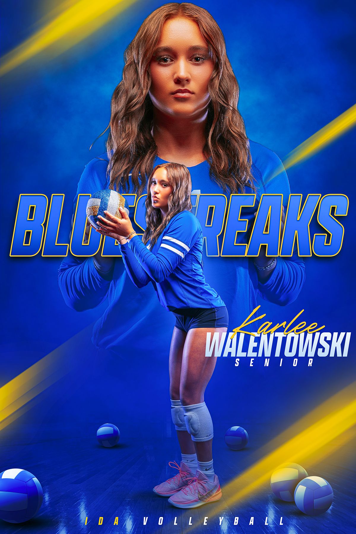 Senior volleyball player Karlee Walentowski in blue uniform for Bluestreaks IDA Volleyball team promotional photo.