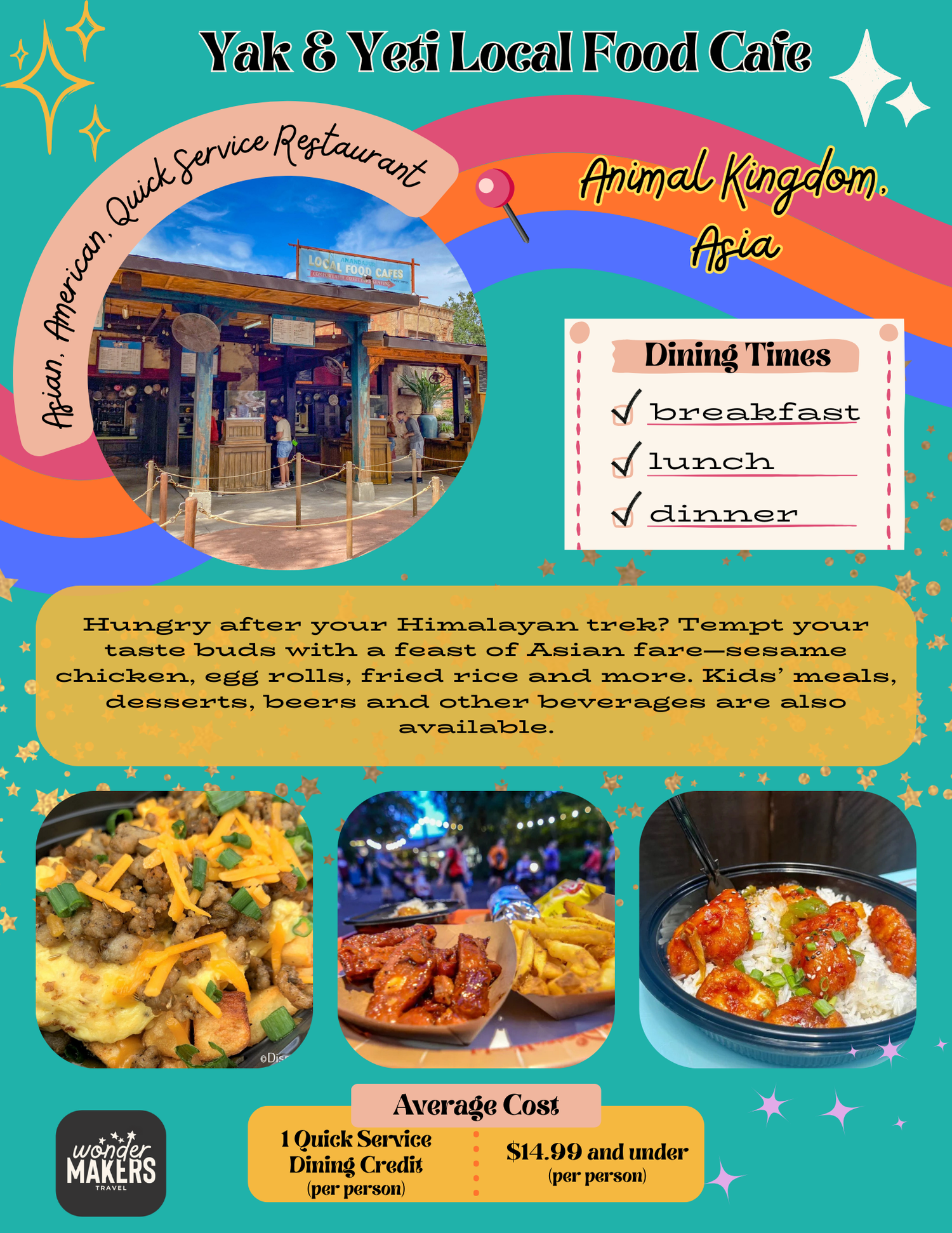 Restaurant storefront and Asian dishes menu board showcasing ribs, noodles, and stir fry options at Animal Kingdom's cafe.