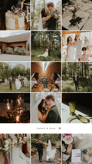 Forest wedding photography collection featuring floral decorations, outdoor ceremony moments and intimate details.