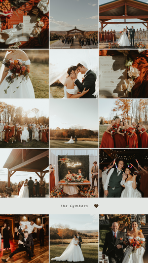 Fall wedding photo collage featuring rustic outdoor ceremony, burgundy bridesmaid dresses, and reception under string lights.