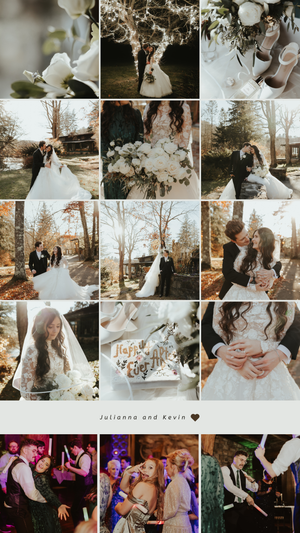 Winter wedding photo collection with white floral details and romantic black and white moments.