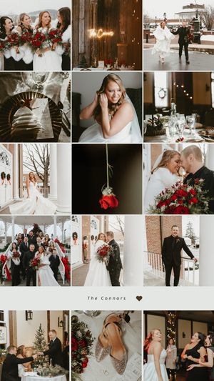 A winter wedding photo collection with red accents and candid celebration moments.