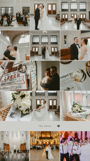 A wedding photo collage featuring church ceremony moments and elegant reception details.