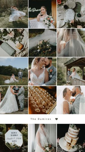 Romantic wedding photo collage for The Dumires featuring outdoor portraits, floral bouquets, champagne tower, and naked wedding cake.