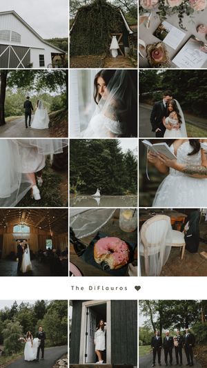 A romantic wedding collage featuring the DiFlauros, with ceremony, portraits, and reception details at a rustic barn venue.