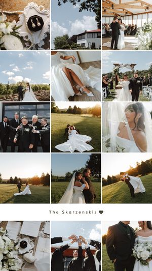 A stunning wedding collage showcasing The Skarzenskis ceremony, portraits, and golden hour couple photos at an elegant outdoor venue.
