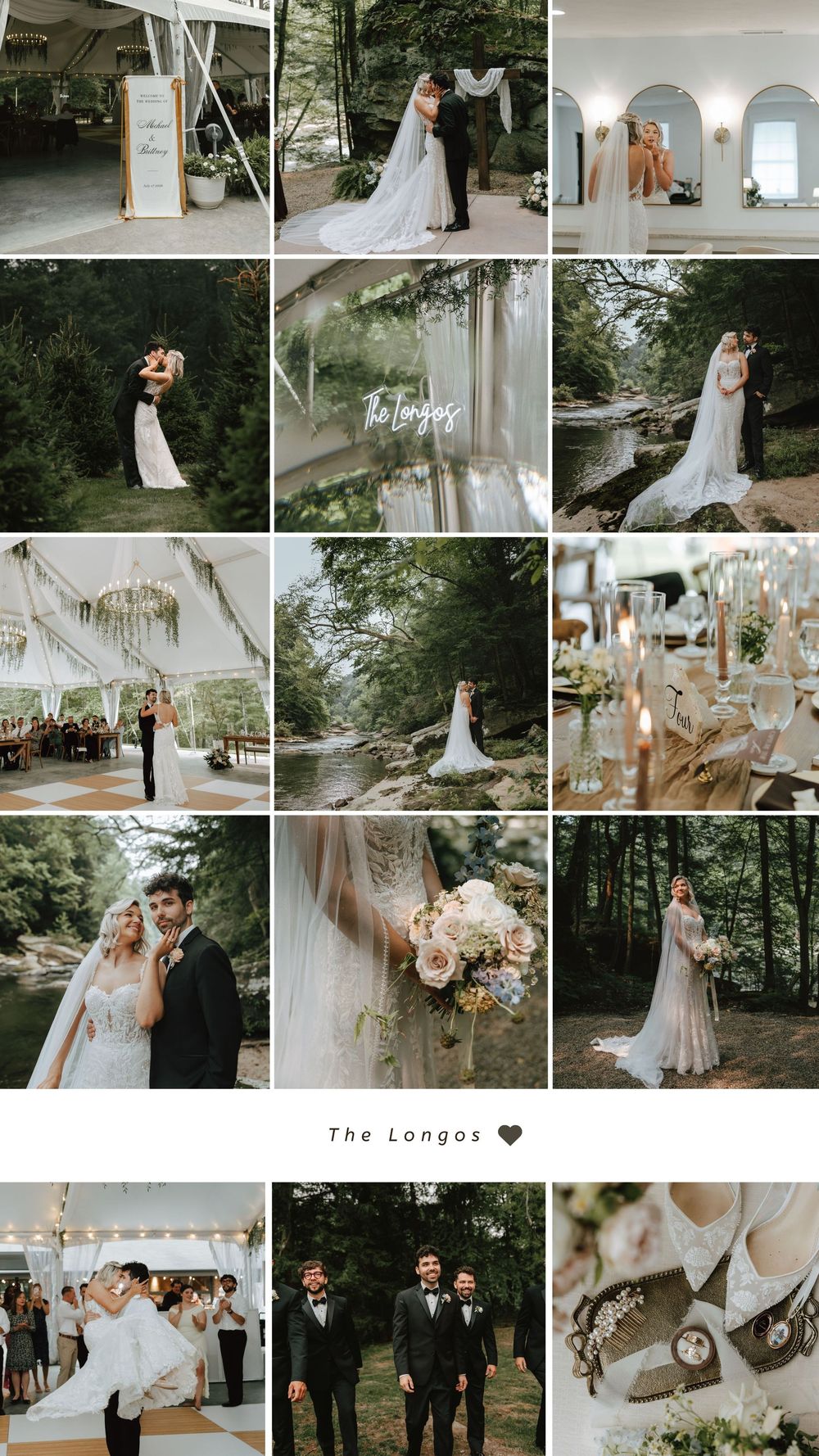 Elegant outdoor wedding collage featuring bride and groom portraits, forest ceremony, floral decor, and reception details for The Longos.