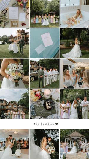 A romantic wedding collage featuring bridal party, bouquets, venue details, and couple portraits at The Goulders outdoor ceremony.
