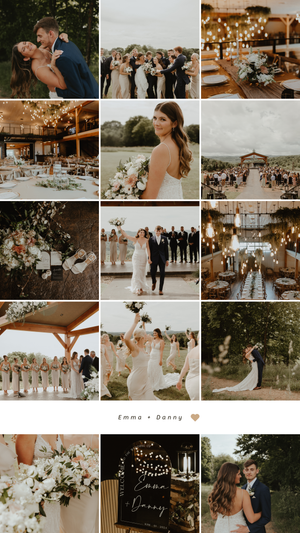 Elegant barn wedding photo collage with soft lighting, floral arrangements and candid ceremony moments.