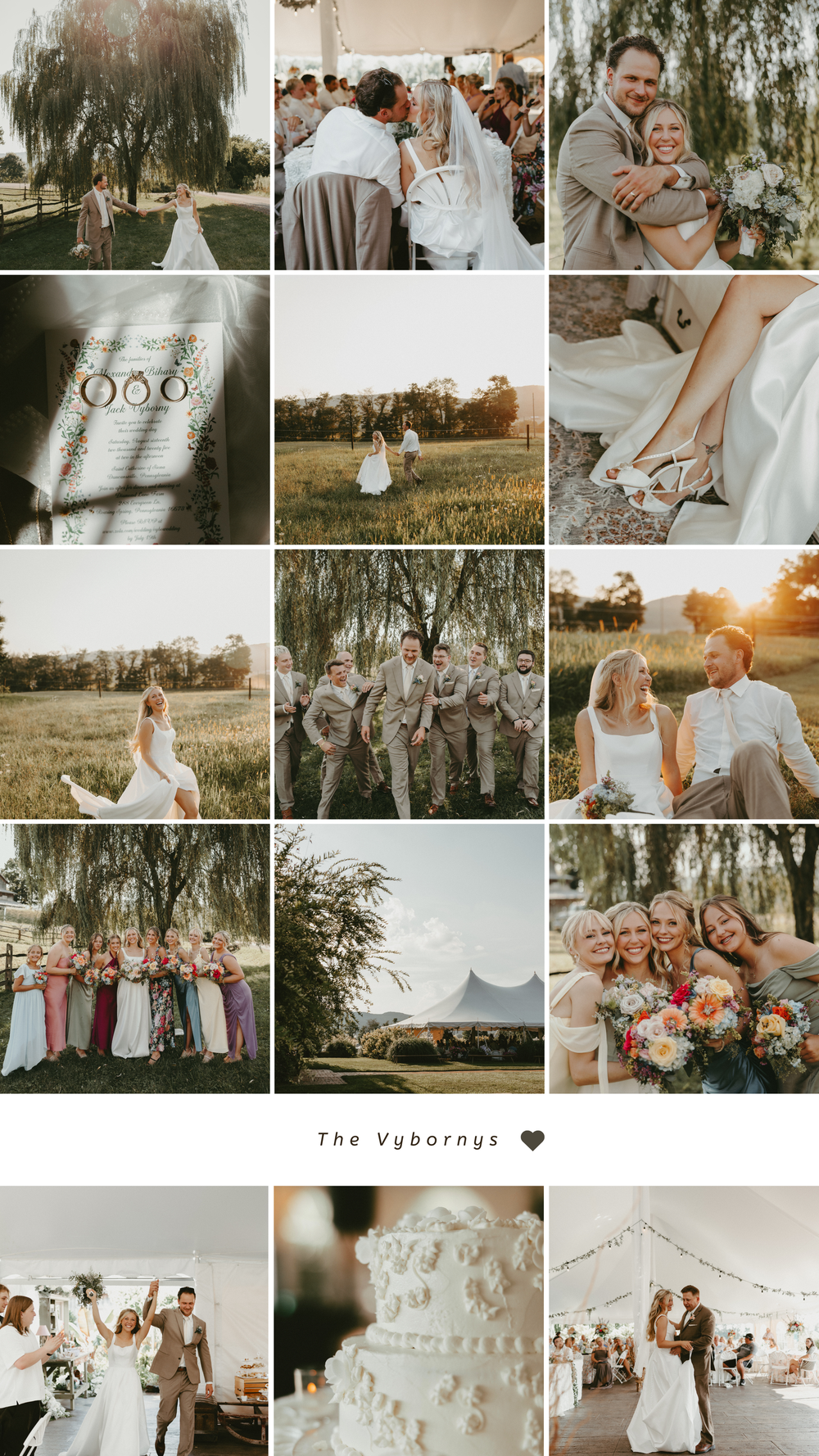 A collection of rustic outdoor wedding photos featuring romantic moments, floral details, and countryside scenery in warm muted tones.