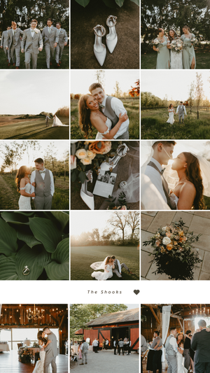 Wedding photo collage featuring romantic moments, details, and venue shots in warm tones.