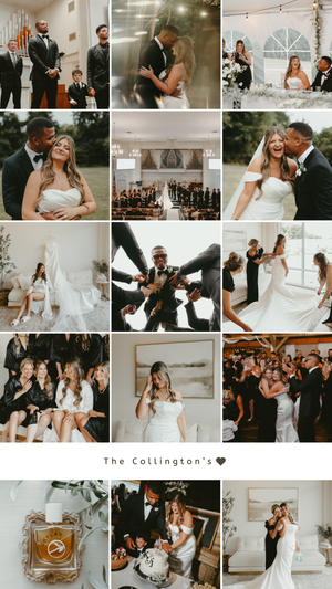 A romantic wedding photo collage showing candid moments, elegant decor, and celebrations at a beautiful venue.