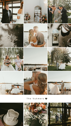 A romantic lakeside wedding celebration with natural decor and elegant floral arrangements in an outdoor setting.