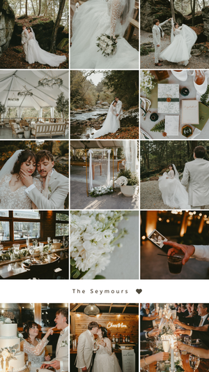 A romantic wedding photo collection featuring outdoor forest scenes, elegant table settings, and intimate reception moments.