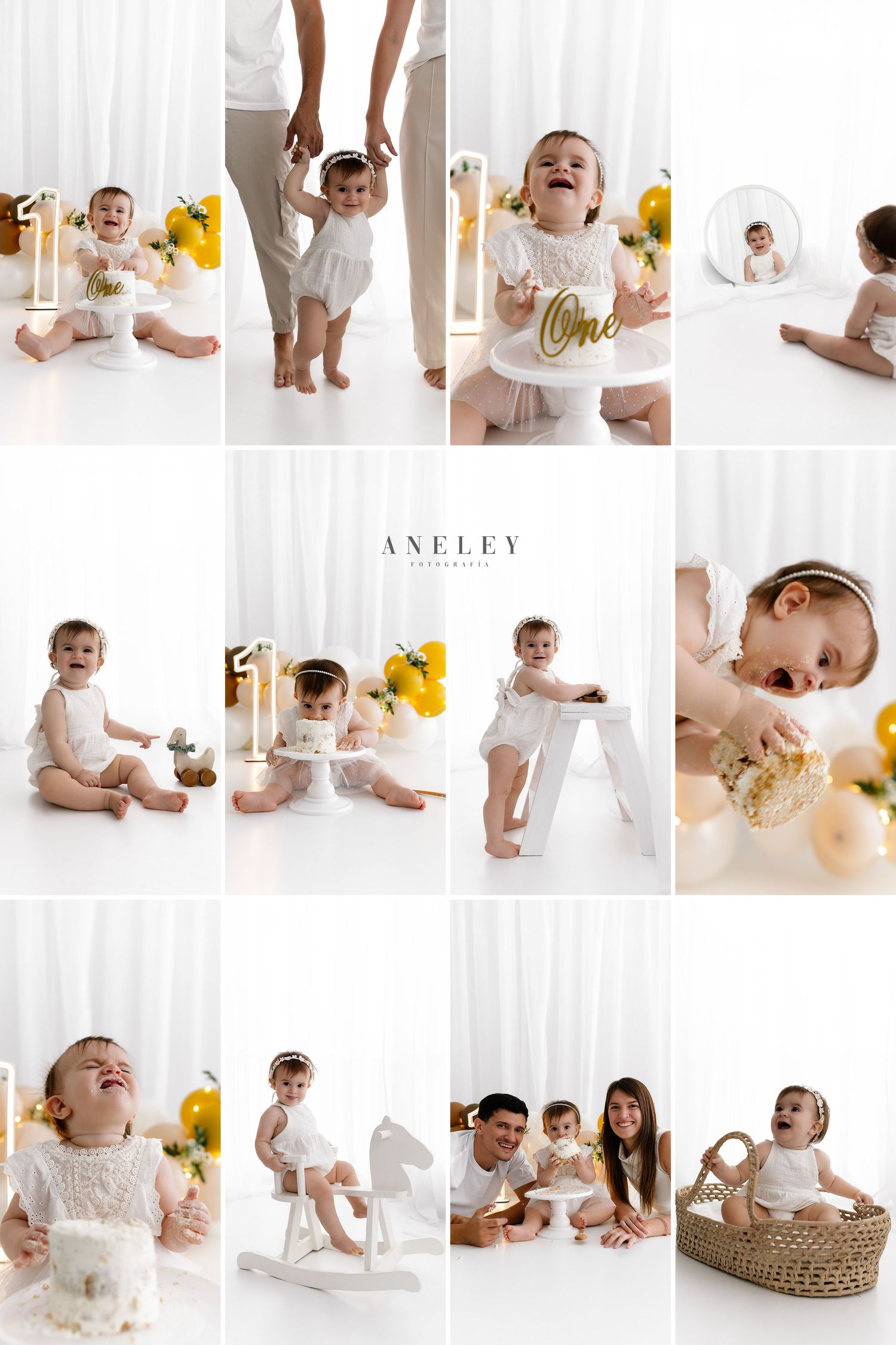 A collection of milestone photo session images showing a young baby crawling, standing and playing with yellow decor in a bright studio.