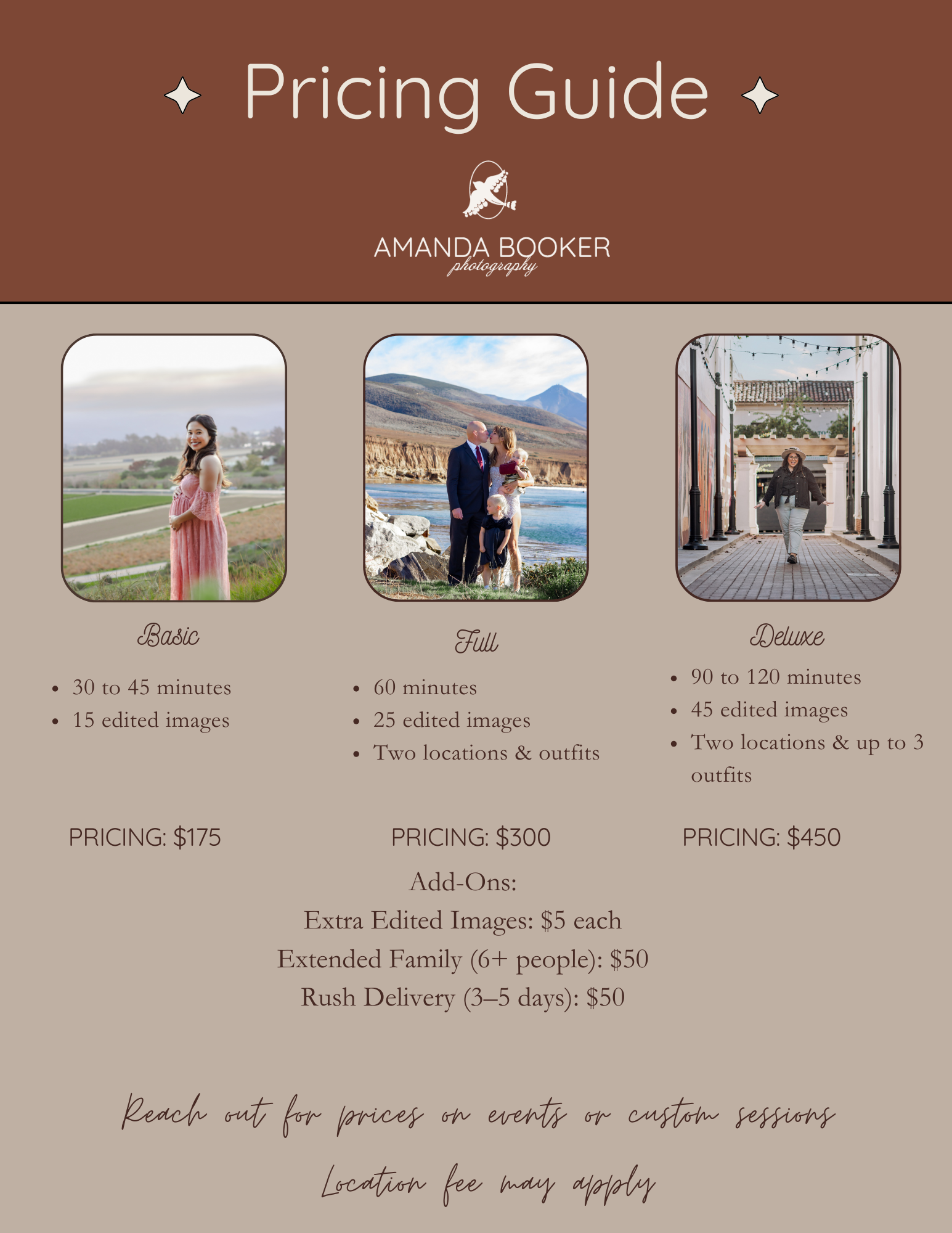 Amanda Booker photography cost for family, maternity, newborn, couples, portraits and other photography sessions.