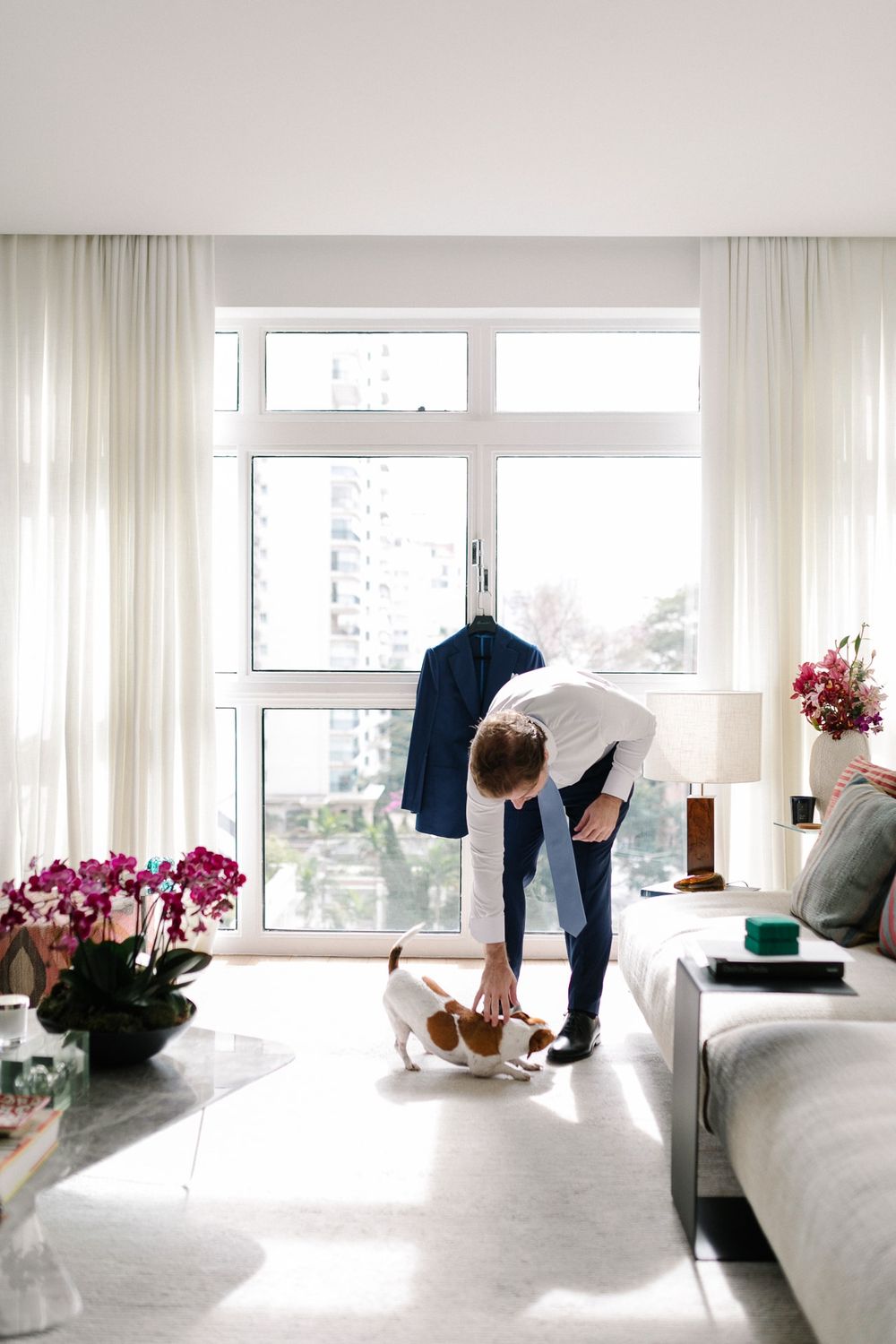 Bright modern living room interior with pet interaction near floor-to-ceiling windows.