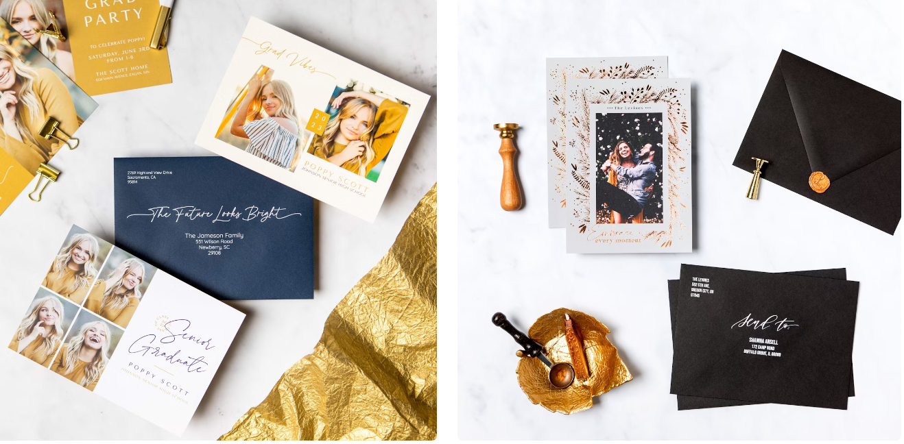 Flat lay of wedding stationery featuring gold and navy designs with elegant photo cards and envelopes.