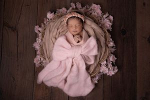 A collection of pink-toned newborn photography portraits arranged in a row against a dark wooden background.