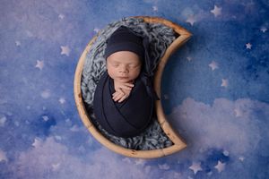 A creative photo sequence showing a chocolate cookie being eaten in phases against a blue starry background.