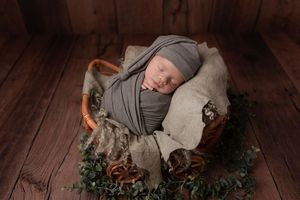 A person lies on a wooden floor surrounded by greenery and holiday decor in a cozy indoor setting.