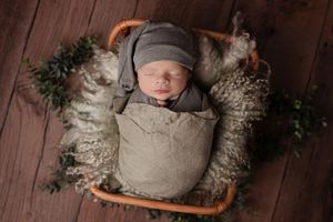 Newborn baby sleeping peacefully in a rustic wooden bowl surrounded by soft gray blankets and greenery.